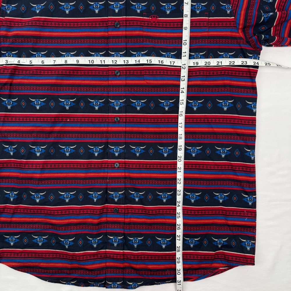 Ariat Mens Pike Classic Western Button Down Shirt Steer Skull Stripe Navy Red L - Picture 7 of 7